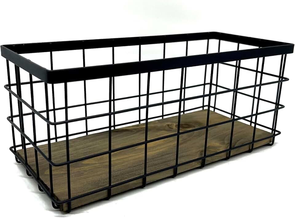 Small Bathroom Organizer Tray with wooden base, Home Decor Basket, Metal Wire Storage Basket, Organizer for Skincare, Japanese farmhouse basket, Black (1)
