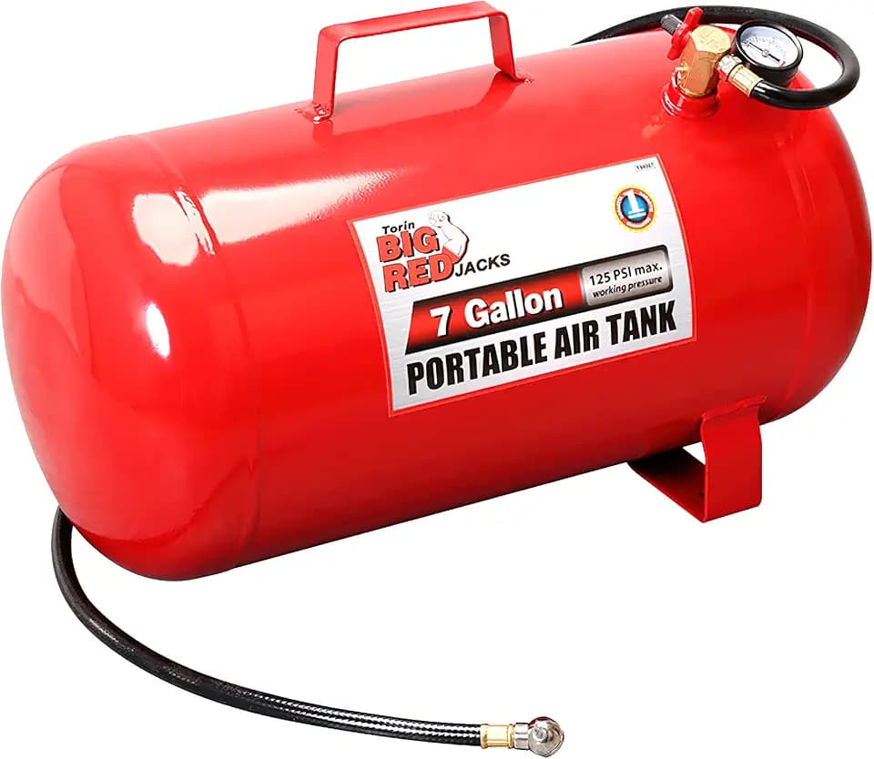 BIG RED Horizontal Portable Air Storage Tank with 36 "Hose and Pressure Gauge, Capacity 7 Gallons, Red