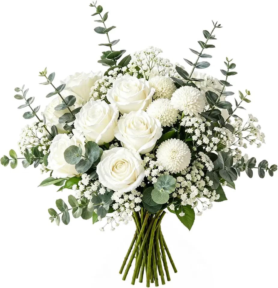CECOMBINE 24 künstliche weiße Rosen, Seidenblumen mit weißen Pompon-Chrysanthemen und Eukalyptusblättern, realistische Kunstblumen für Hochzeiten, Partys, Büros, Küchendekorationen