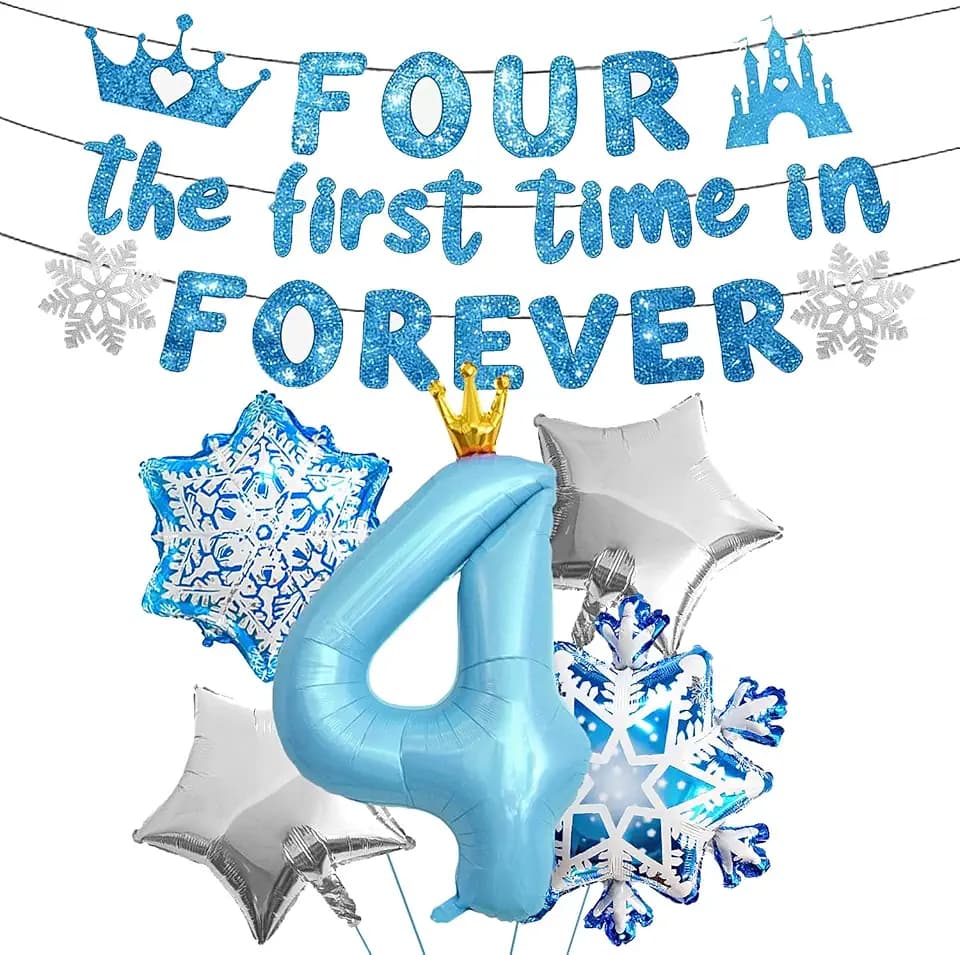Four the First Time in Forever Banner Foil Balloons 4 year old for 4th Birthday Party Supplies Snowflake Birthday Decors Birthday Party Favors Blue Glitter