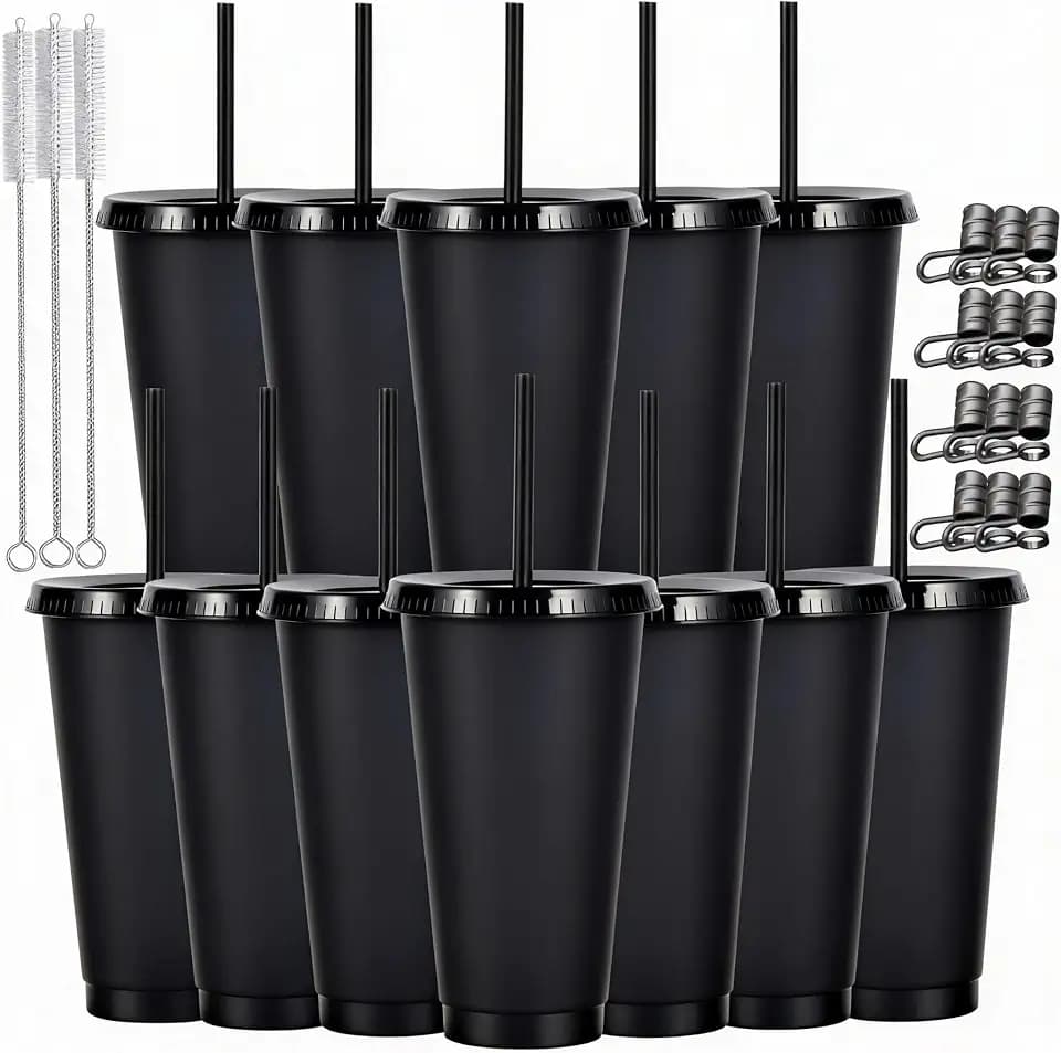 24 oz Reusable Plastic Cups, Custom Cups for Party with Lids and Straws, 12 Pack Iced Coffee Travel Mugs or Mean Girls Party Tumblers, Leak-Proof Coffee Travel Mug (12, Black)