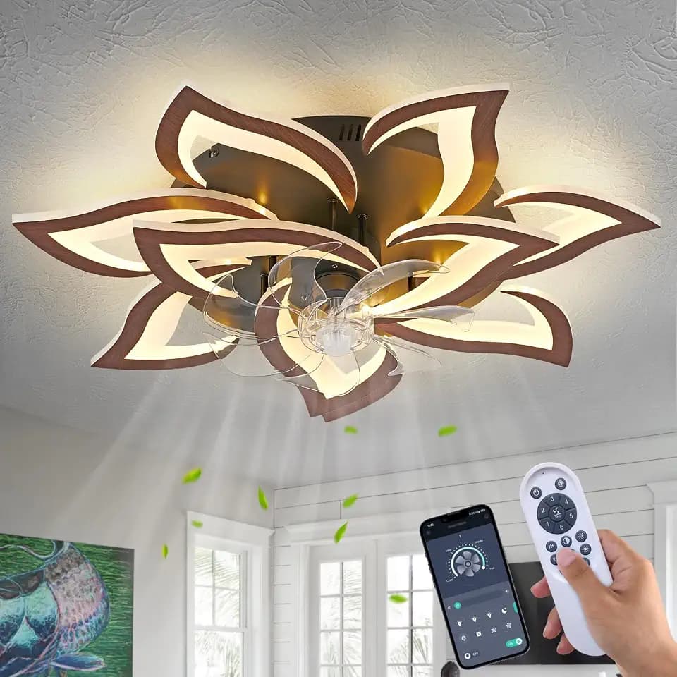 32" Modern Wood Geometric Ceiling Fan with Lights Remote Control