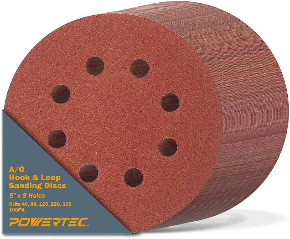 POWERTEC 100PK, 40/80/120/220/320 Grits, 5 Inch 8 Hole Hook and Loop Sanding Discs, Aluminum Oxide Sandpaper Discs, Woodworking Sanding Pads for Random Orbital, Palm, Air & Pneumatic Sander (45000)