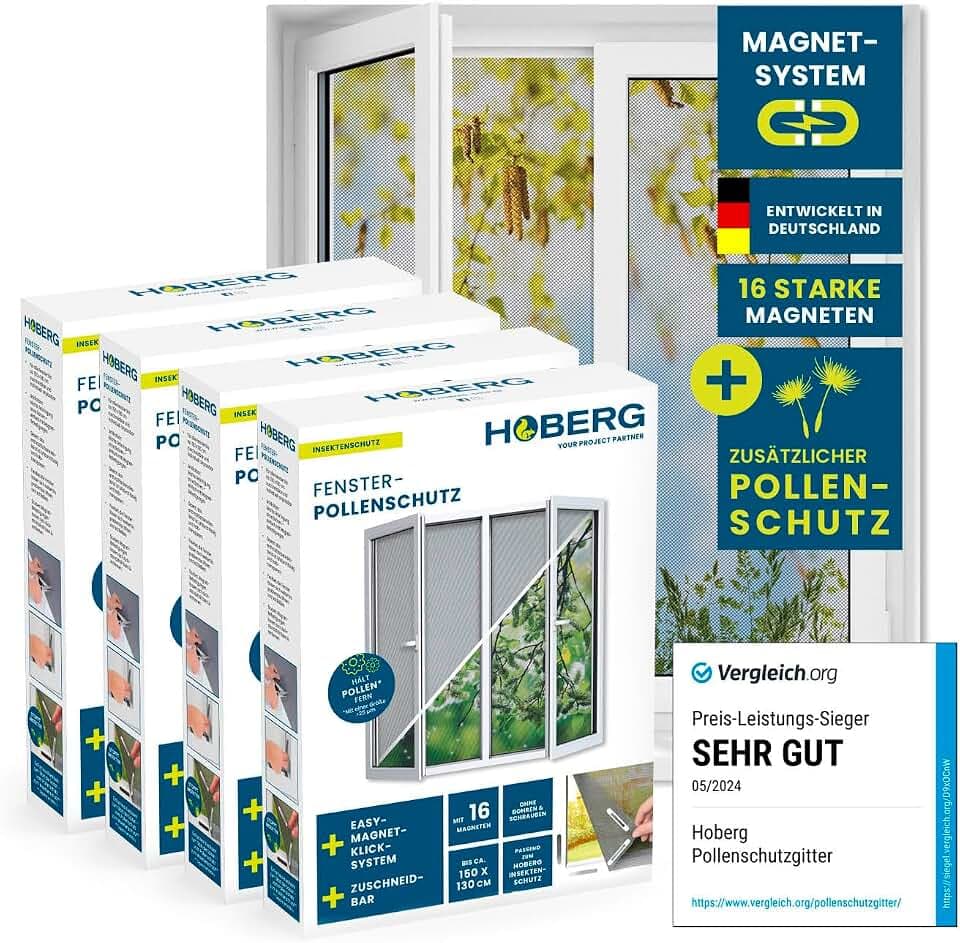 Hoberg Fliegengitter für Fenster mit Pollenschutz | Moskitonetz zuschneidbar bis 150x130 cm | Einfache Montage mit 16 starken Magneten - Insektenschutz ohne Bohren, Schrauben & Klebereste [4 Stück]