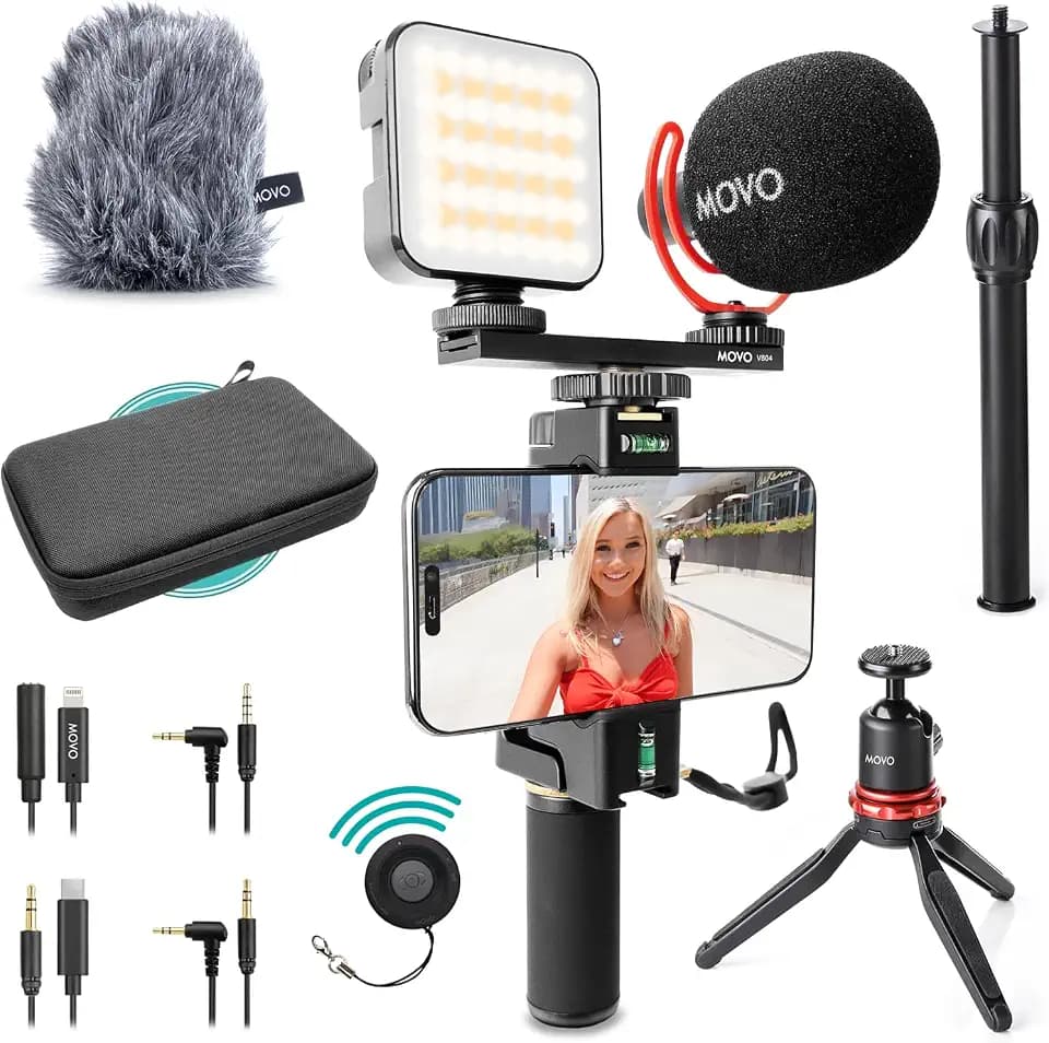 Movo iVlogger-PRO Vlogging-Kit für iPhone/Android – YouTube-Starter-Kit für Content Creator – Zubehör: Handy-Stativ, Handy-Halterung, RGB-Licht und VXR10 Richtmikrofon