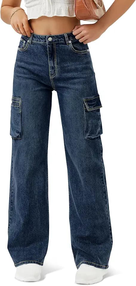 Women High Waisted Cargo Jean for Women with 6 Pockets Straight Wide Leg Jean Casual Baggy Pants