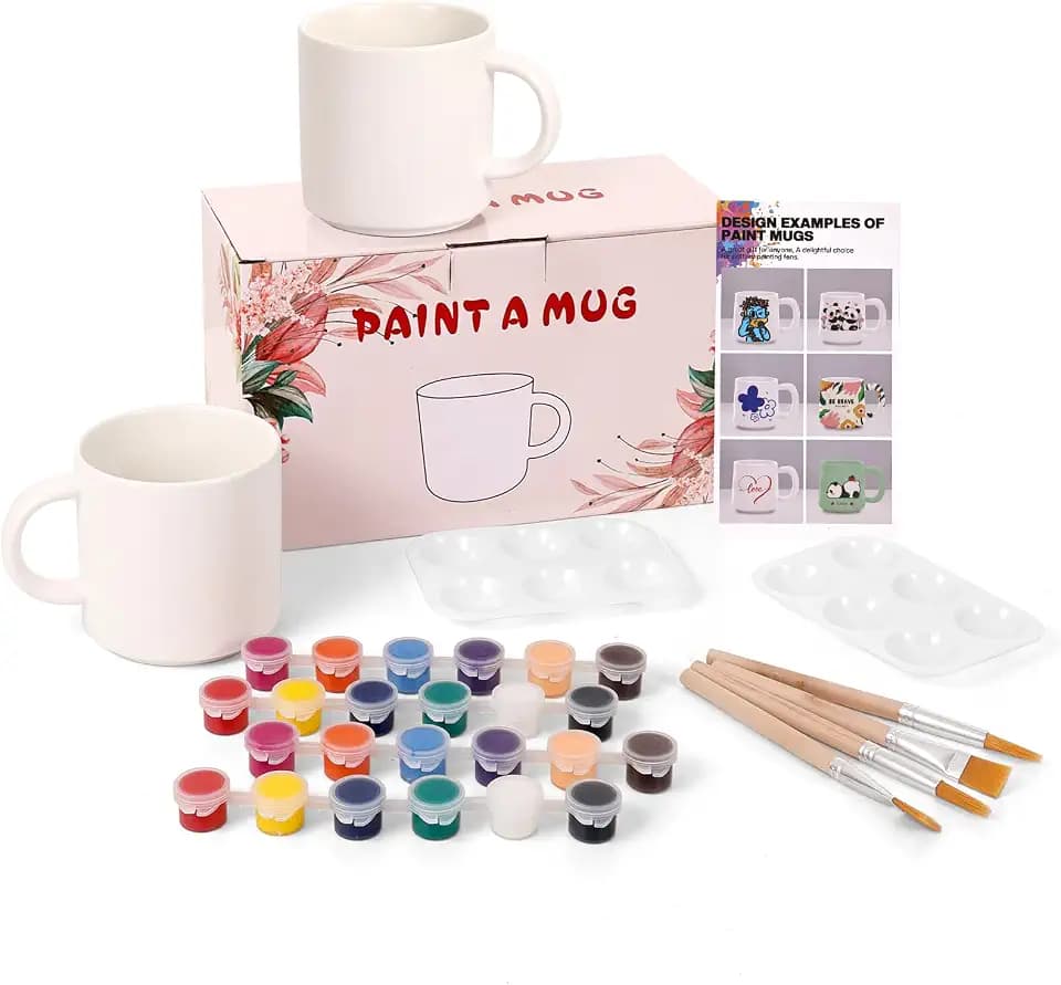EILYGK Tassen Bemalen Set, Keramik Bemalen Set, Tassen Zum Bemalen,Inklusive 2 leere Keramikbescher, 24 lebendige Keramikfarben, 4 Pinsel, 2 Paletten, eine Anleitung