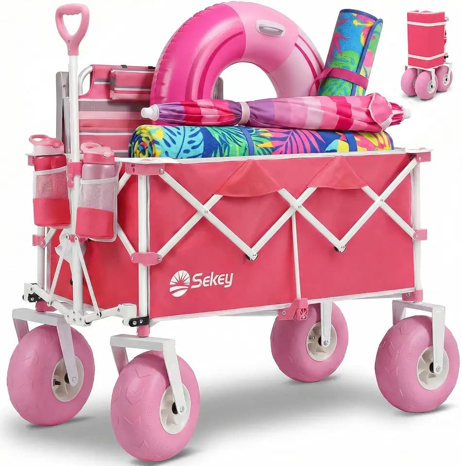 Sekey Heavy Duty Beach Wagon with 9" Big Sand-Proof Wheels – 600lb Capacity, 200L Oversized Foldable Cart | Adjustable Handle & All-Terrain Tires for Sand, Camping, Groceries