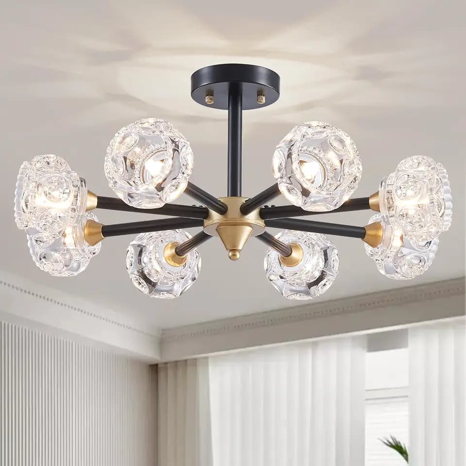 XINGQI 24.4" Modern Ceiling Light 8 Lights Semi Flush Mount Sputnik Ceiling Light Fixture,Black Gold Chandeliers for Bedroom, Dining Room, Farmhouse Kitchen, Office