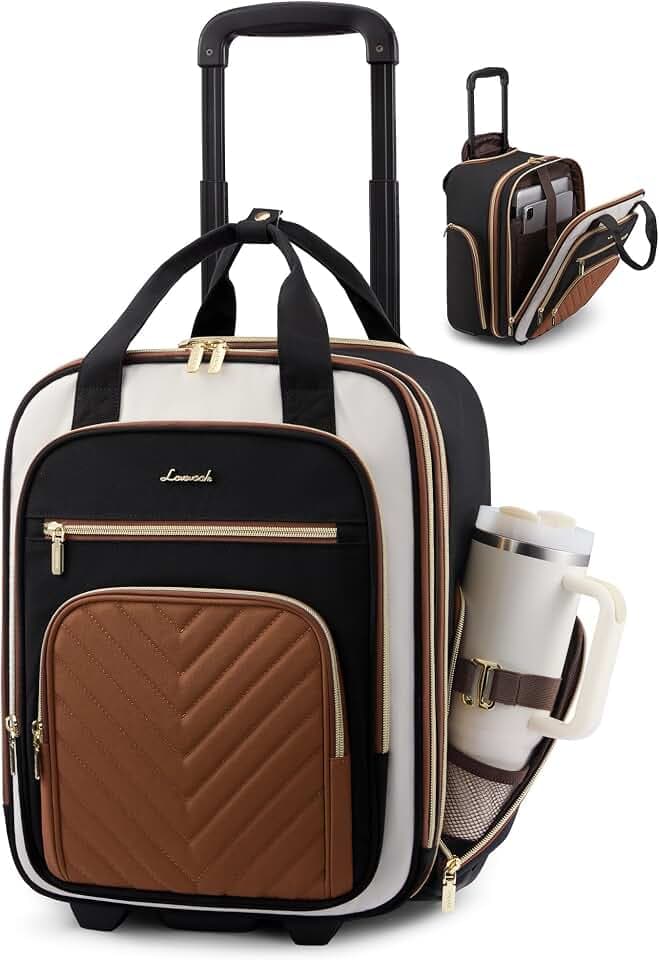 LOVEVOOK Underseat Carry On Luggage with Wheels, Stylish Under Seat Luggage with Giant Tumbler Holder Pocket, Soft Sided Small Suitcase for Travel, Work