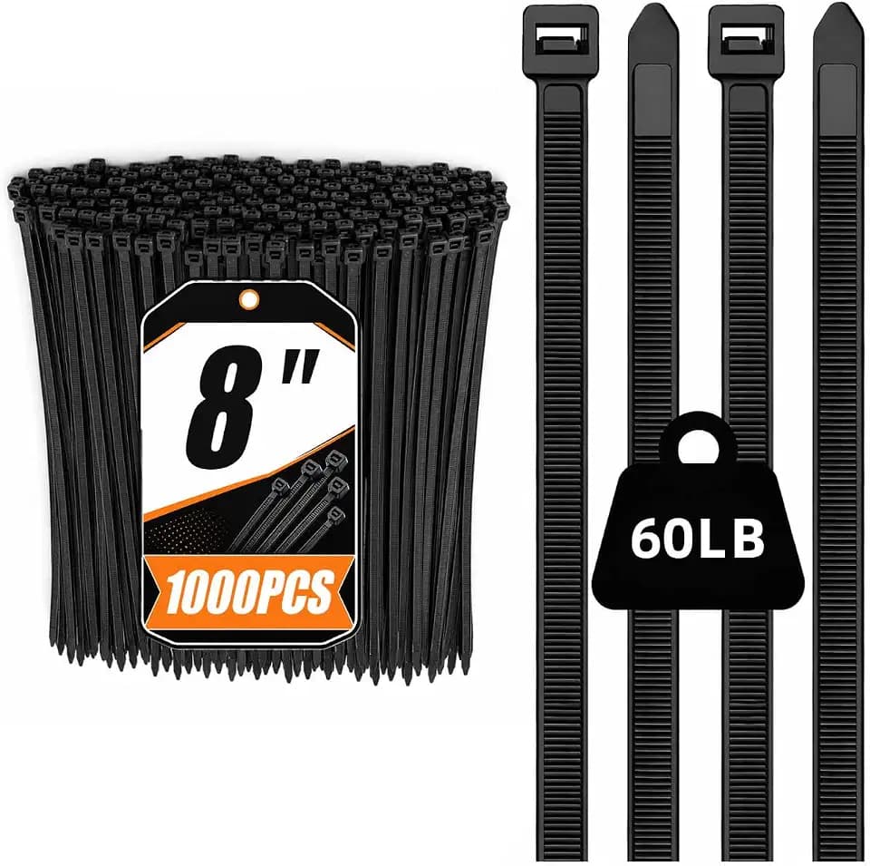 8 Inch Black Zip Ties 1000 Pack Heavy Duty 60LBS UV Resistant