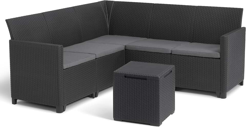 Keter Nora - Ecksofa für Garten oder Terrasse, 5-Sitzer, mit Kissen und Beistelltisch mit 35 l Stauraum, Farbe Graphit