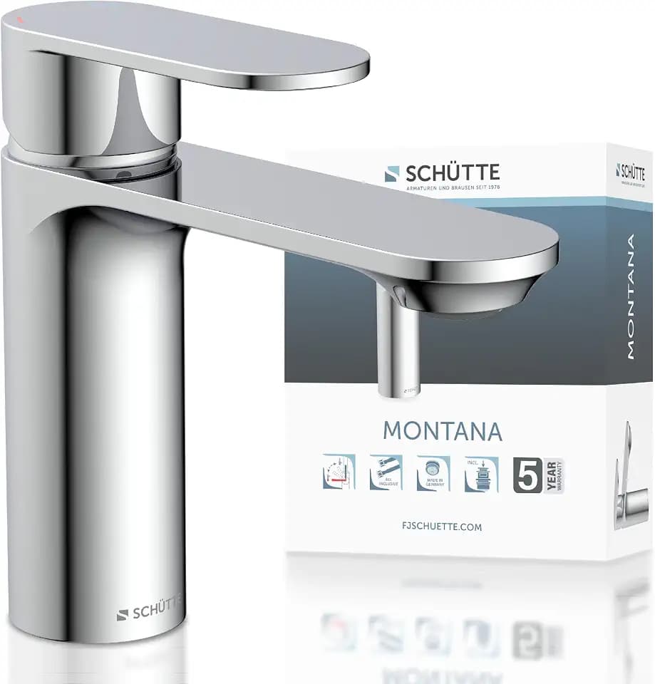 SCHÜTTE Waschtischarmatur MONTANA 32310, Wasserhahn Bad mit Ablaufgarnitur, Armatur Badezimmer, Einhebelmischer Badezimmer mit Pop Up Abflussstopfen, Mischbatterie Waschbecken, Chrom