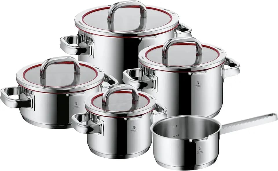 WMF Function 4 Topfset Induktion 5-teilig, Glasdeckel mit 4 Abgießfunktionen, Cromargan Edelstahl poliert, Induktions Töpfe Set, Innenskalierung