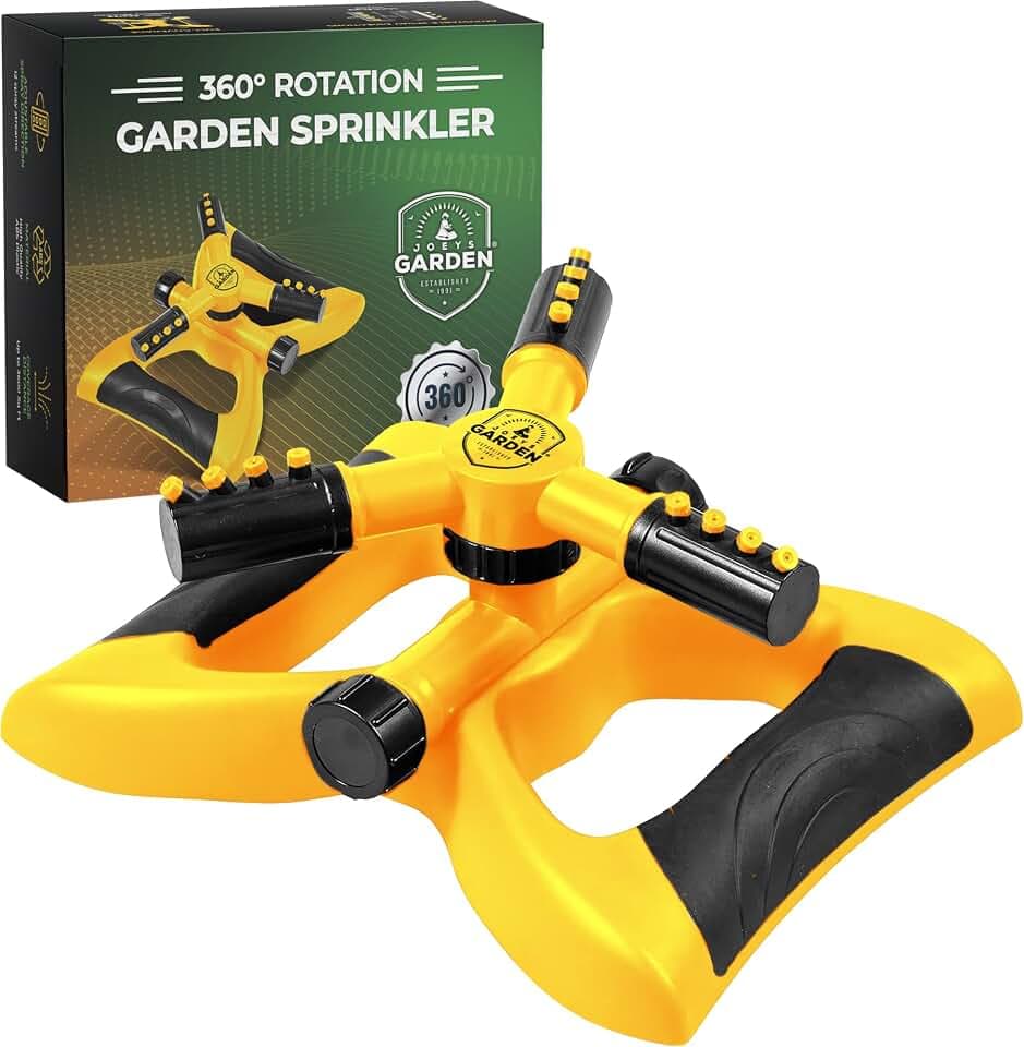 Joeys Garden Rotating Lawn Sprinkler for Yard & Kids, 360° Coverage, Yellow