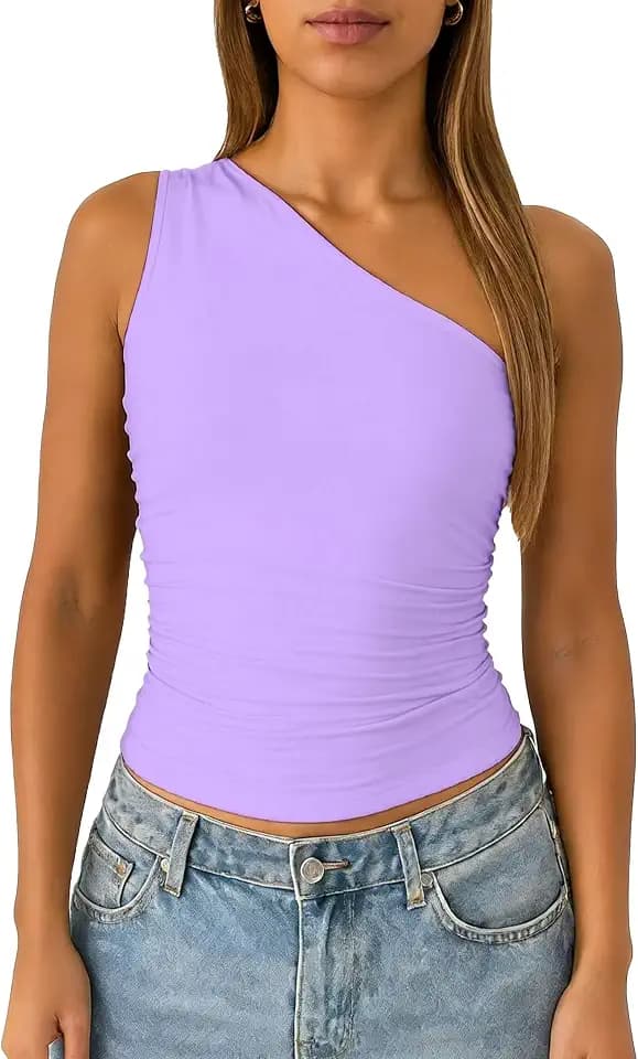 ForeFair Women One Shoulder Going Out Tank Top Double Lined Ruched Sleeveless Y2k Cute Summer Top