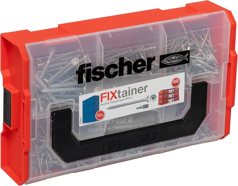 fischer FixTainer PowerFast II Spanplattenschraube, vorsortierte Sortimentsbox mit 700 Schrauben und 2 Bits, Senkkopf, Vollgewinde und TX-Antrieb, universelles Set zur Befestigung