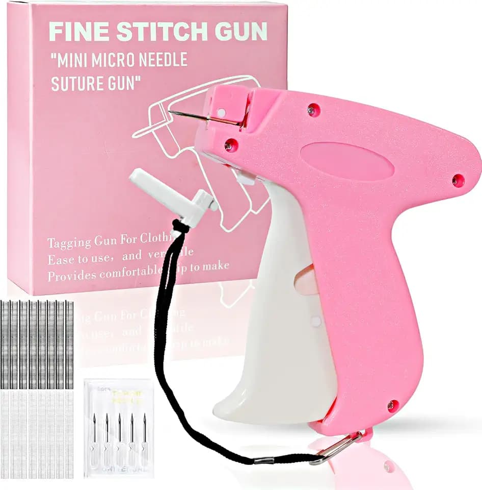 Stitch Gun for Clothes, Bright Pink Handheld Quick Clothing Fixer, Sewing Kit with 1000 Black & 1000 White Fasteners, 6 Needles, Tagging Gun for Clothing Repair & DIY