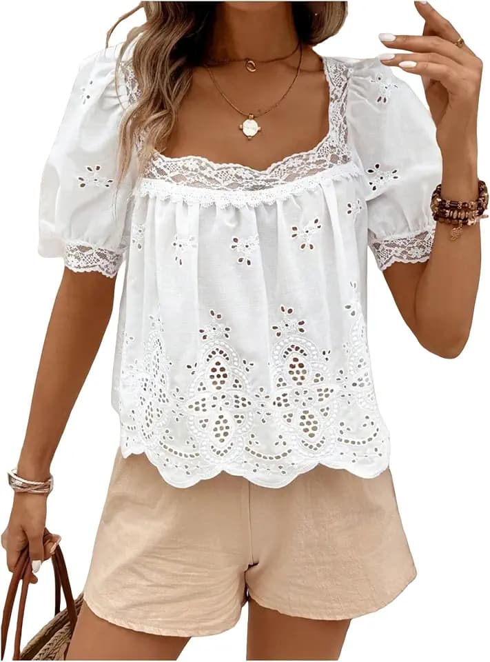 SweatyRocks Women's Eyelet Lace Puff Sleeve Embroidered Top Blouse