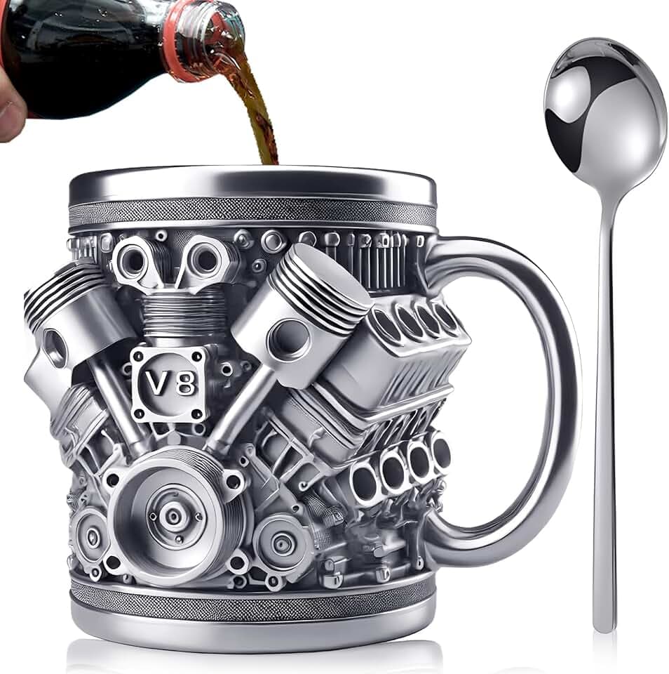 HA BIN 3D V8 Motoren Edelstahlbecher, 300ML (Silber)