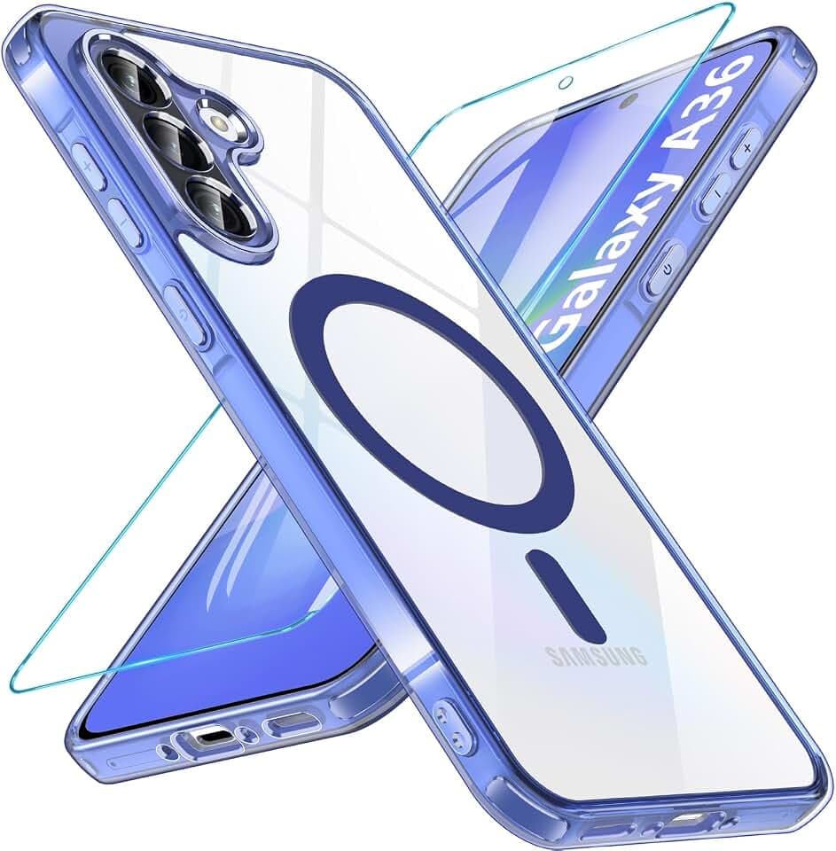 Kuaguozhe Magnetisch für Samsung Galaxy A36 5G Hülle, Samsung A36 5G Hülle mit Panzer Schutz Glas, Transparent Rückseite Handyhülle Stoßfest Schutzhülle Cover Case für Samsung A36 5G (Blau)