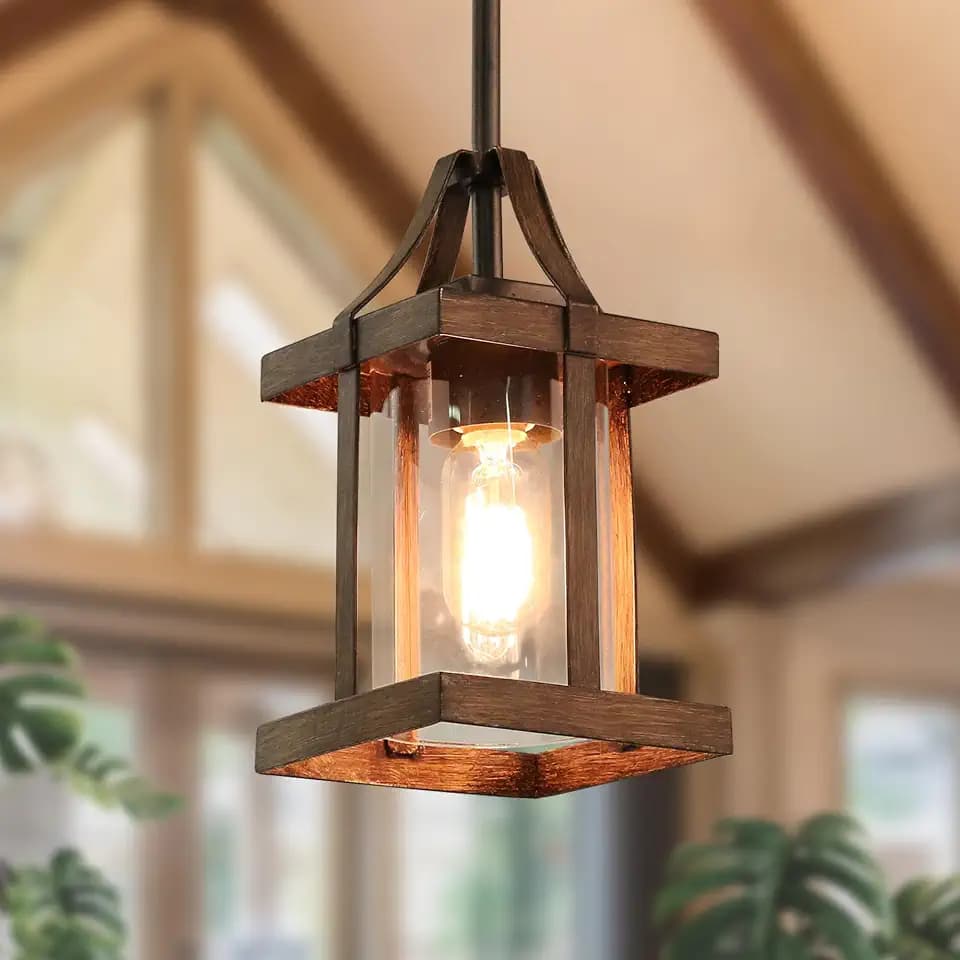 LOG BARN Pendant Lights Kitchen Island, Farmhouse Kitchen Pendant Lighting Over Island with Clear Glass, Rustic Faux Wood Pendant Light Fixtures, 5.5'' x 10.3''