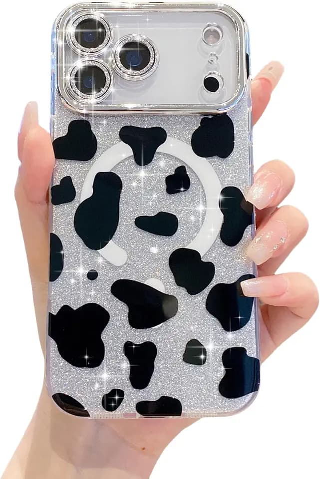 for iPhone 17 Pro Glitter Magnetic Case with Camera Lens Protector Cute Cartoon Soft Shockproof Cover for Women Girls (Cow)