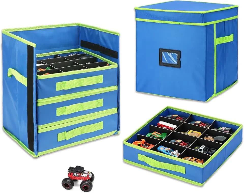 Monster Truck Storage Organizer, 4-Layer Trucks Storage Box with 48 Compartments,Fits 1:64 Monster Trucks, Toy Trucks & More – Foldable Toy Organizer with Drawers (Blue)