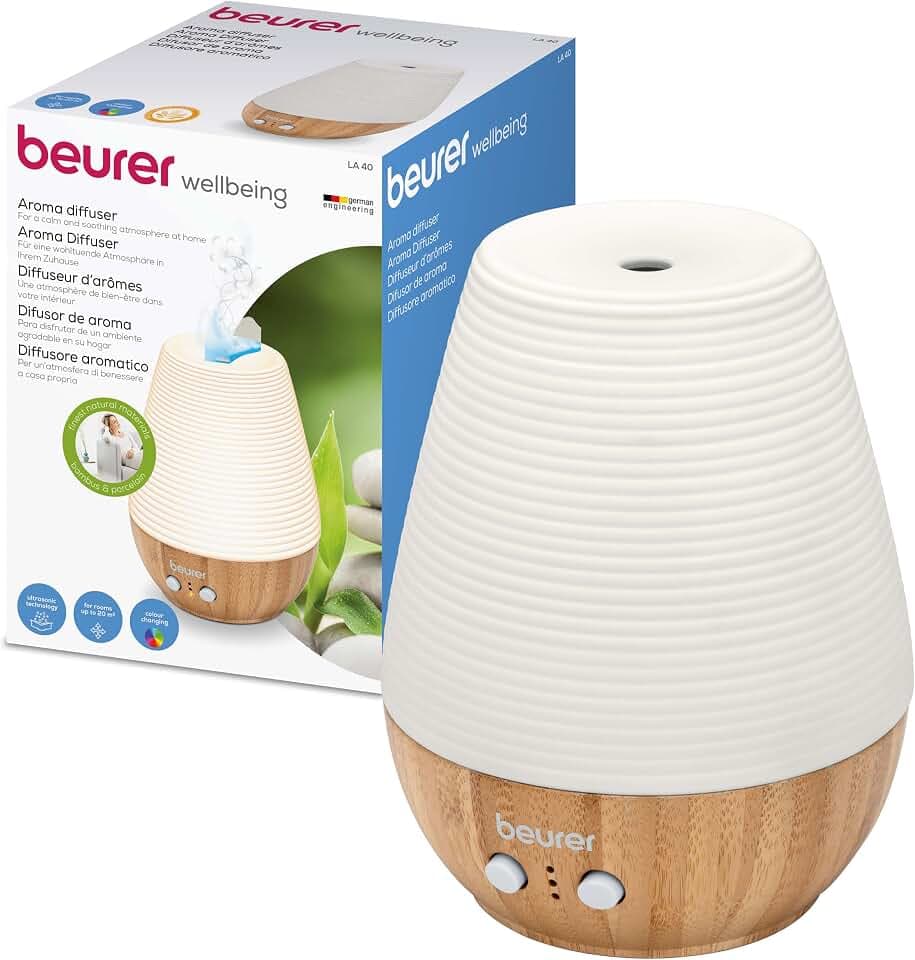 Beurer LA 40 Aroma Diffuser, Duft-Vernebler mit Ultraschall-Zerstäubung, mit Wellnesslicht und Farbwechsel, aus Holz und Porzellan, für Räume bis 20m2