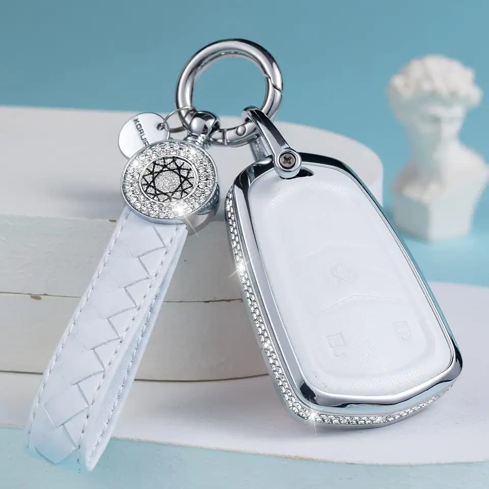 for Cadillac Key Fob Cover with Keychain, Leather Crystal Key Case Protector Compatible with Cadillac Escalade CTS SRX XT5 ATS STS CT6 5-Buttons Remote Start, White