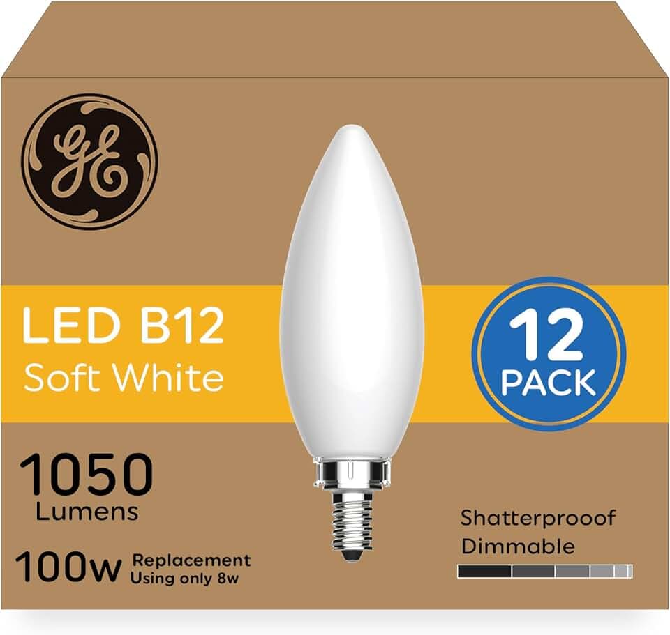 GE Ultra Bright LED Light Bulbs, 100W, Soft White Candle Lights, Frosted Decorative B12 Light Bulbs (12 Pack)