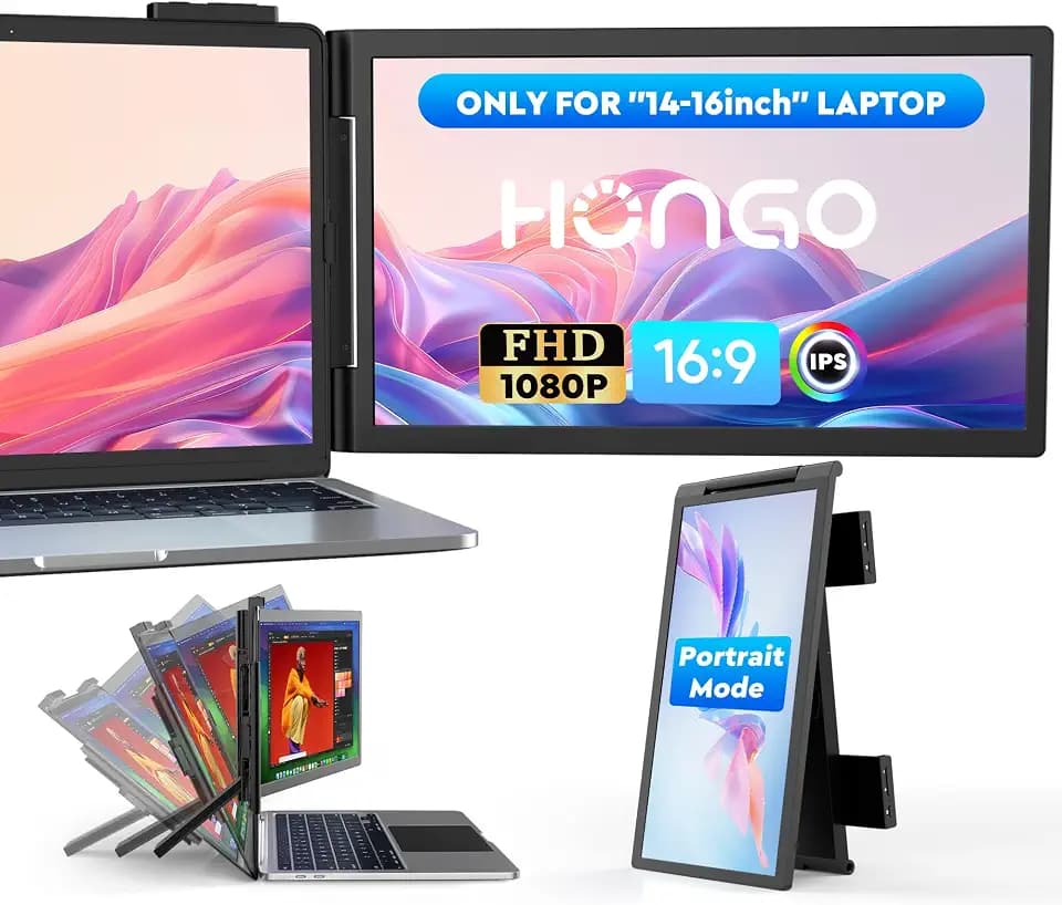 HONGO 14'' Laptop Screen Extender, FHD 1080P IPS Dual Display Portable Monitor for 14-16'' Laptops, USB-C/HDMI, Plug and Play for Windows, Mac, Android, Switch and PS5