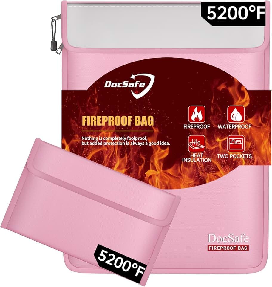 DocSafe Fireproof Document Bag (5200℉) with Fireproof Organizer Travel Case,Heat Insulated Fire&Water Resistant 8 Layers Safe Money Bag Storage for Important Documents,Cash,Power Bank,Valuables,Pink