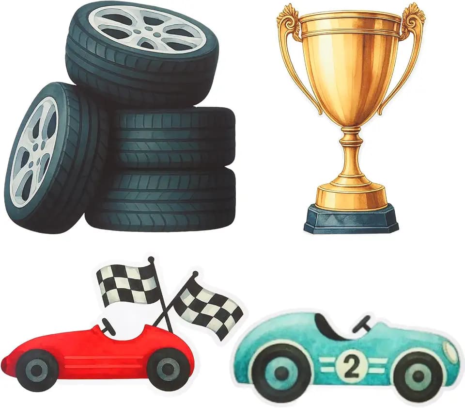 Honoson 4 Pcs Large 30" Racing Car Cardboard Cutouts Standup, Race Car Birthday Party Decorations Check Flag Trophy Tire Photo Booth Props for Photography Backdrop Baby Shower Party Supplies Yard Sign