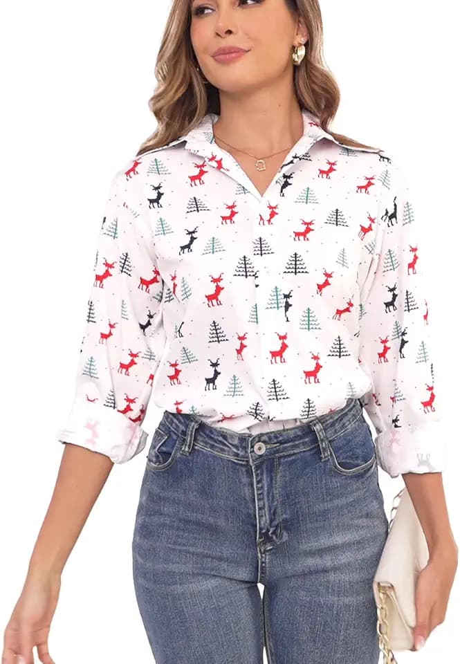 Womens Holiday Shirts Christmas Tree Snowflakes Graphic Long Sleeves Button Down Shirts Xmas Button Up Tops