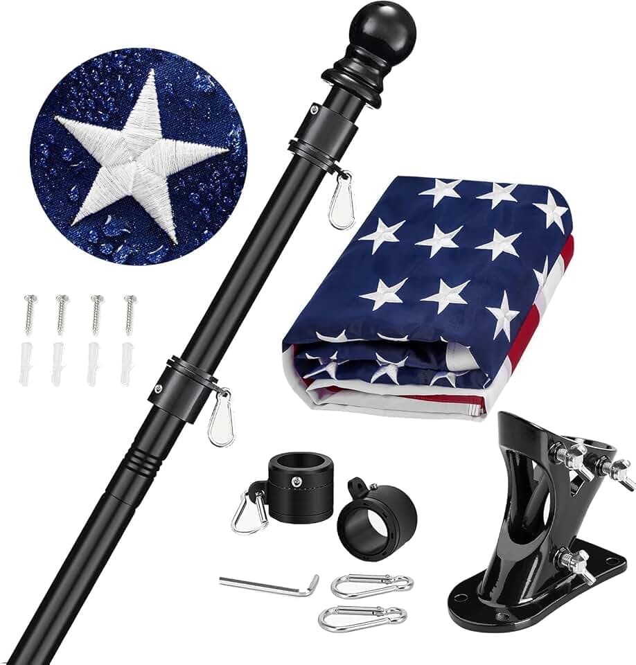 American Flag Pole Kit for House, 6FT Black Metal Pole with 3x5FT US Flag