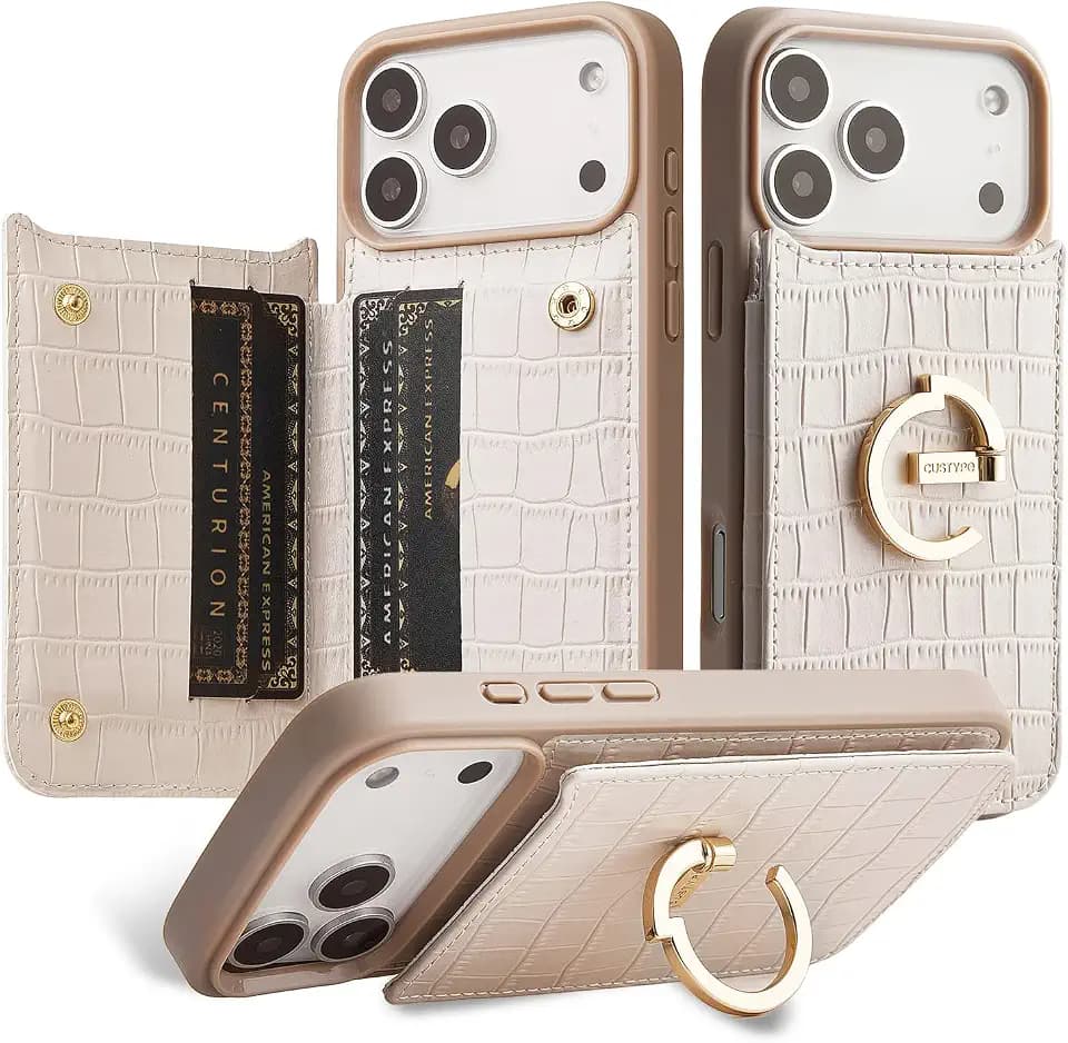 CUSTYPE for iPhone 17 Pro Wallet Case with Card Holder and Ring Stand Beige