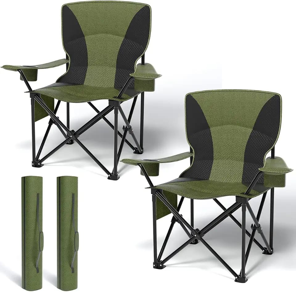 Heavy Duty Folding Chair 500LB Capacity, Oversized Camping Chairs with Cup Holder, Cooler Bag & Storage Pouch, Outdoor Chairs for Sports, Lawn Chairs , Fishing, Beach (2, Black Green, Oversized)