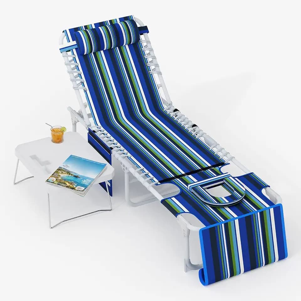 GarveeLife Tanning Chair with Face Hole, 3-in-1 Lounge Chair Outdoor with Folding Table, 5 Reclining Positions and Removable Pillow for Beach Pool Lawn Yard Patio, Max 330lbs (Blue & Green Stripe)