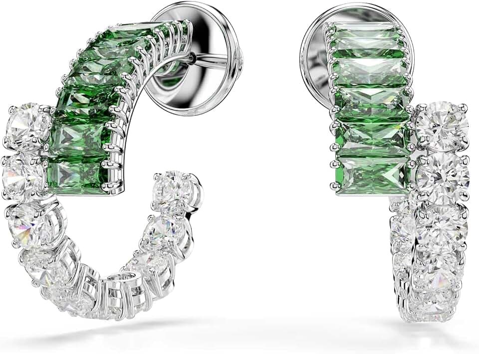 Swarovski Matrix Hoop Earrings, Mixed Cut Blue Crystals, Green Crystals, Rhodium Finish