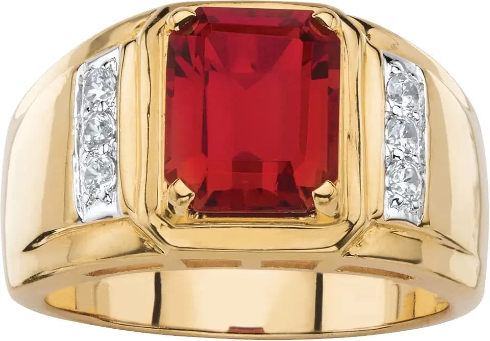 Palm Beach Jewelry Men's Yellow Gold-plated Emerald Cut Genuine Red Garnet and Diamond Accent Ring Sizes 8-16