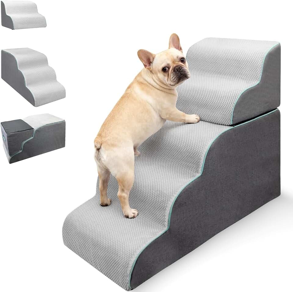 Dog Stairs for High Bed, 27.9 Inch Height 5-Step,Foldable Pet Stairs for Small Dogs and Older Pets,Curved 2 in 1 with Zippers Non-Slip Balanced Pet Ramp,Grey
