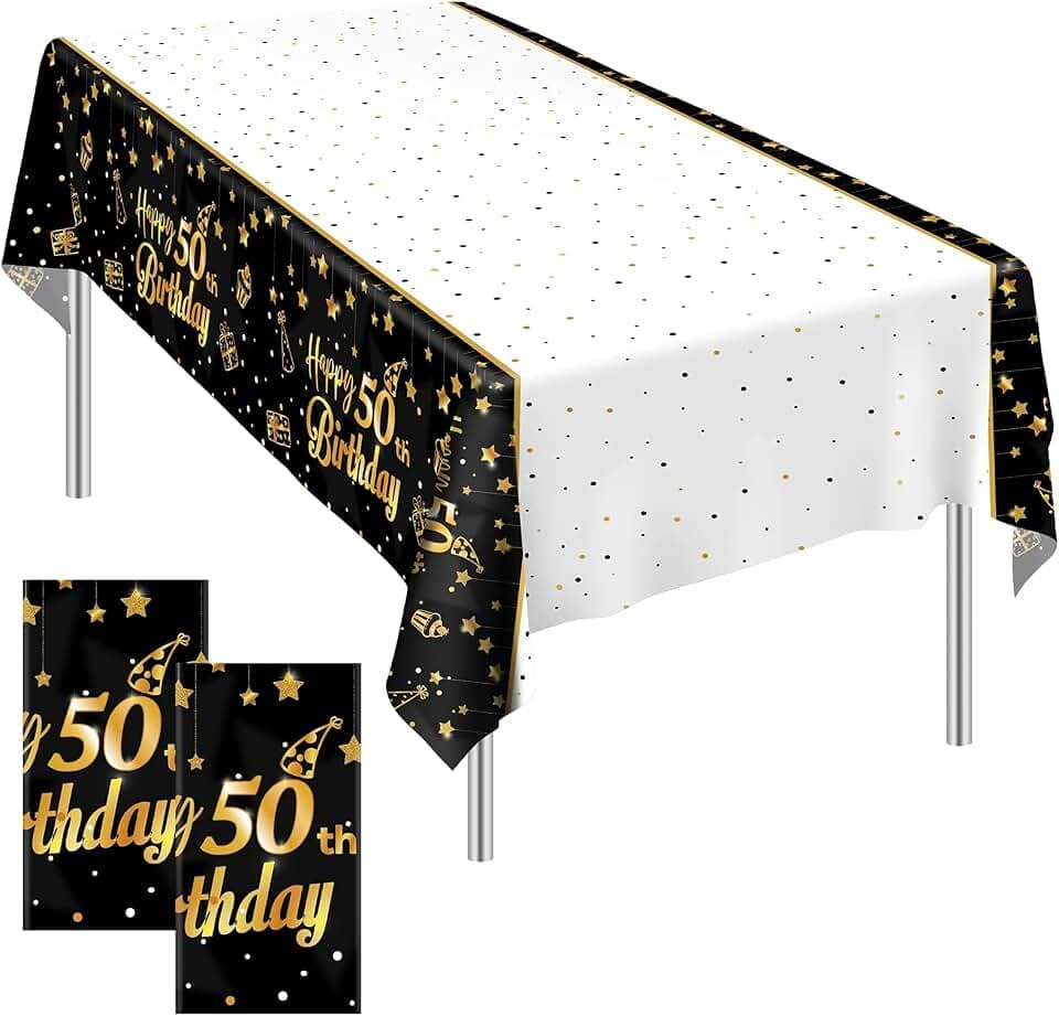 Ruisita 2 Pack Black Gold Table Cloth Cover Happy 50th Birthday Tablecloth Party Tablecloths Rectangular Table Cloth Cover for Indoor or Outdoor Parties Birthdays