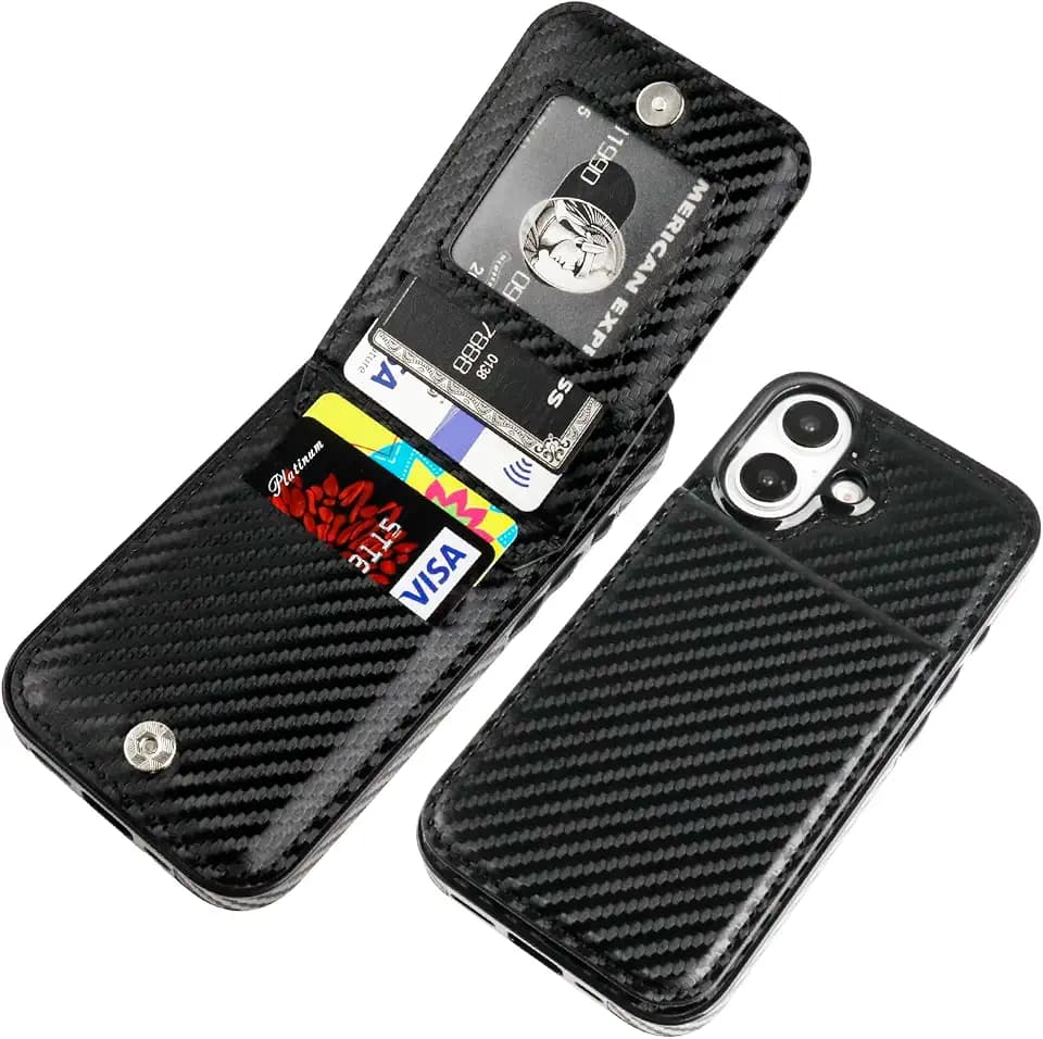 KIHUWEY for iPhone 16 Wallet Case Card Holder Kickstand, Carbon Black