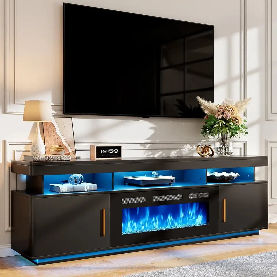 70" Fireplace TV Stand for Living Room, Modern LED Light Entertainment Center for TVs Up to 80”, TV Console with 36" Crystal Electric Fireplace & Storage Cabinets, Black