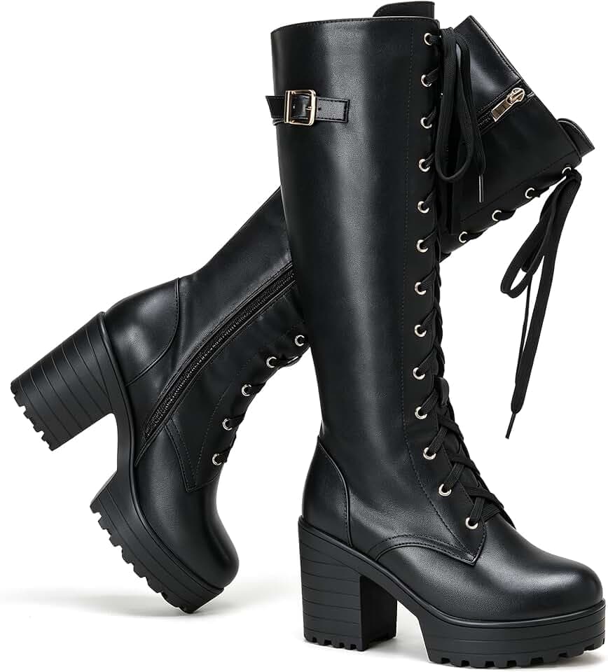 Modische Plateau-Stiefel für Damen, kniehoch, Schnürstiefel, klobiger Absatz, mit Schnalle, seitlichem Reißverschluss, Bikerstiefel