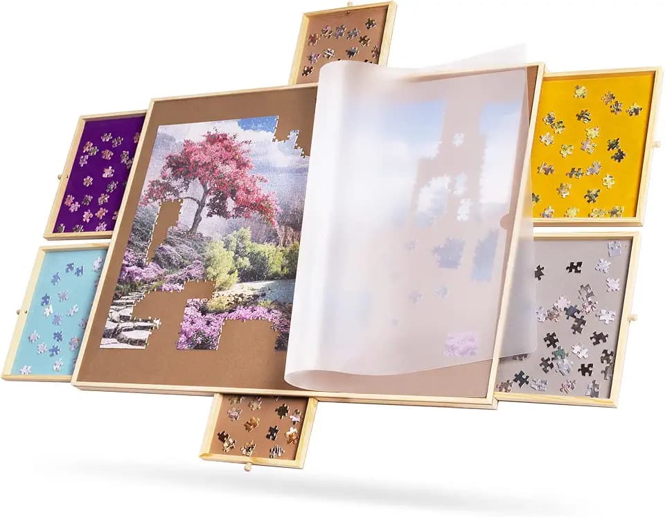 Tektalk tragbarer hölzerner Puzzletisch mit Abdeckung, Puzzle-Plateau, Puzzle-Board mit 6 bunten Schiebeschubladen für bis zu 1500 Teile Puzzles