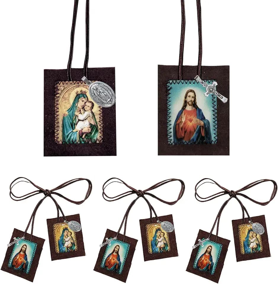 3 Pack Catholic Scapular Necklace Set - Brown Scapular of Our Lady of Mount Carmel, Sacred Heart & Crucifix Pendant - Religious Jewelry for Men & Women, escapularios catolicos