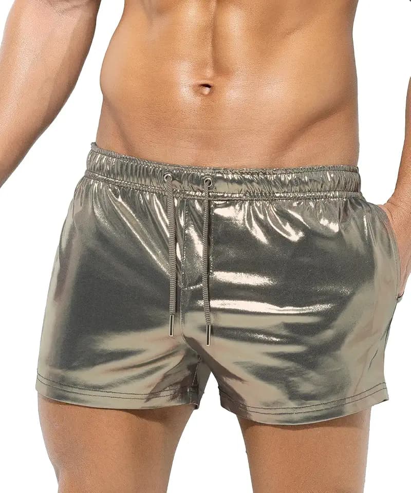 Casey Kevin Mens Gold Shorts Silver Metallic Short Shiny Disco Rave Outfit