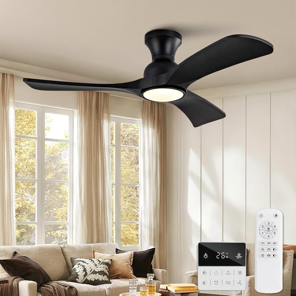 Black Ceiling Fans with Lights Flush Mount,42 inch Solid Wood,Remote Control,Wall Switch,Dimmable,Reversible,Noiseless,Power Off Memory Modern Ceiling Fan Low Profile for Bedroom Indoor/Outdoor